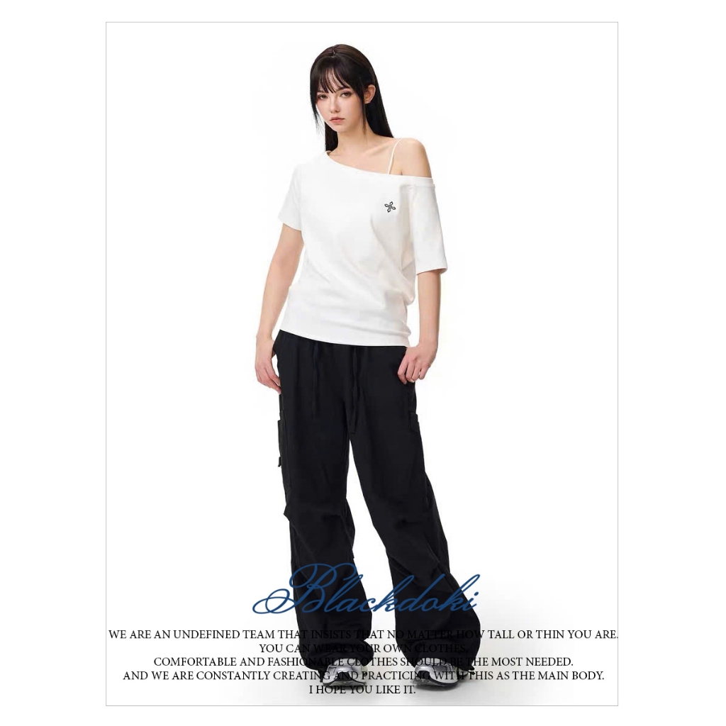 BLACKDOKI Áo thun trễ vai CROSS LOGO basic tay ngắn lệch vai cotton 250gsm nữ womanwear