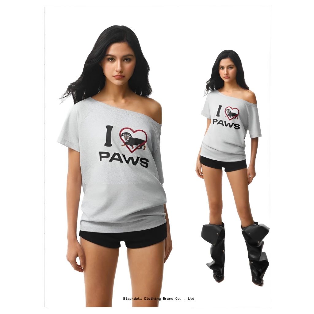BLACKDOKI Áo thun trễ vai ILOVEBAWS basic tay ngắn lệch vai cotton 250gsm nữ womanwear