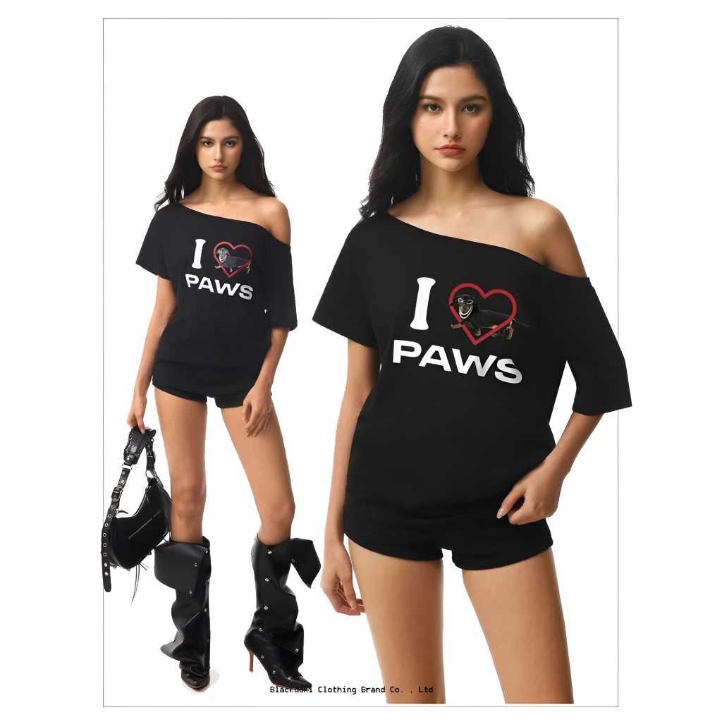 BLACKDOKI Áo thun trễ vai ILOVEBAWS basic tay ngắn lệch vai cotton 250gsm nữ womanwear