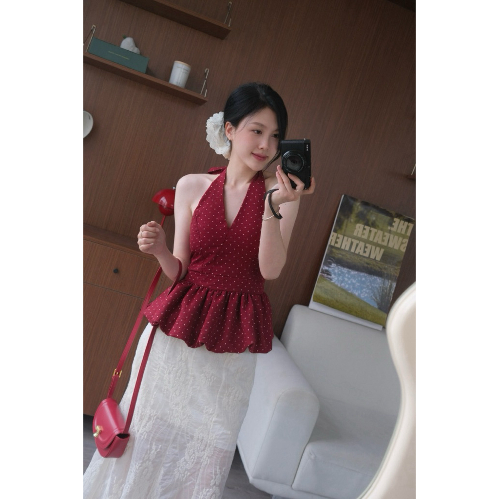 (SẴN MÚT) Áo cổ yếm hoạ tiết bo chun xoè dáng bí peplum Áo Kiểu Nữ the.sweaterweather TSW