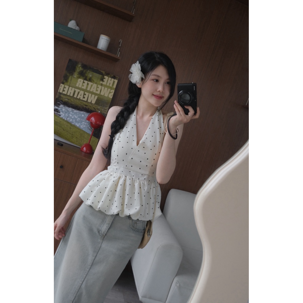 (SẴN MÚT) Áo cổ yếm hoạ tiết bo chun xoè dáng bí peplum Áo Kiểu Nữ the.sweaterweather TSW