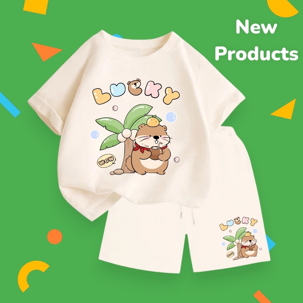 Bộ đồ hè cho bé – Rái cá uống dừa Lucky ngộ nghĩnh, chất cotton mềm mát, mặc cực dễ chịu (M 202)