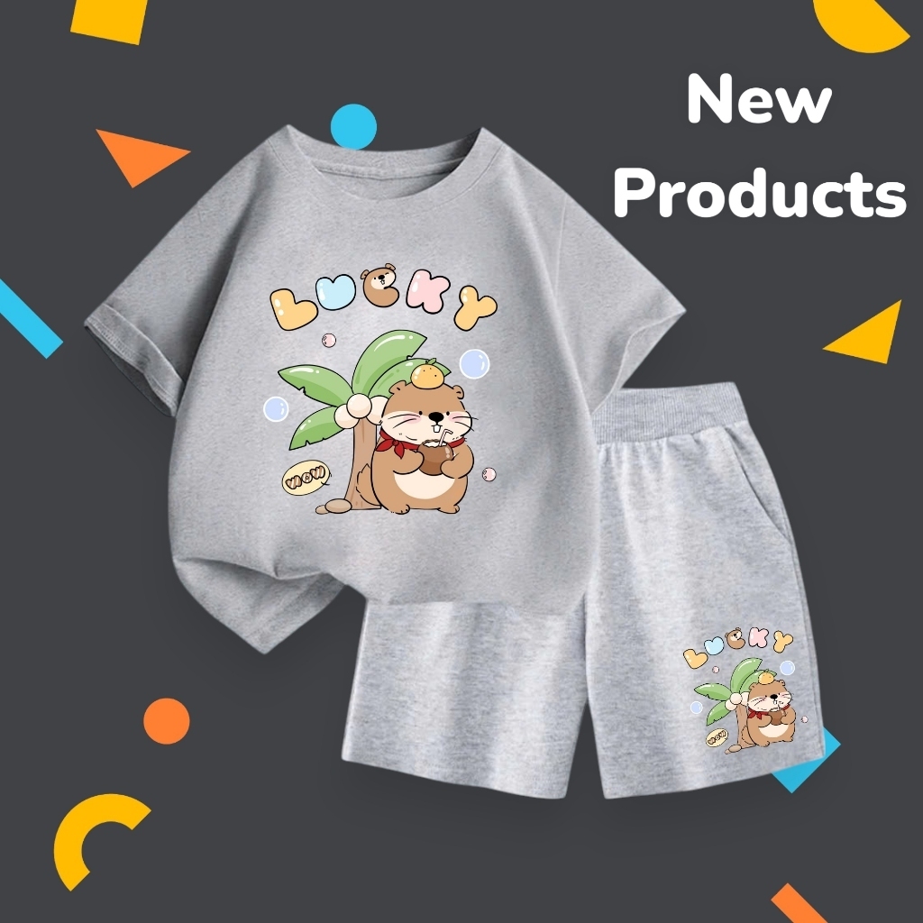 Bộ đồ hè cho bé – Rái cá uống dừa Lucky ngộ nghĩnh, chất cotton mềm mát, mặc cực dễ chịu (M 202)