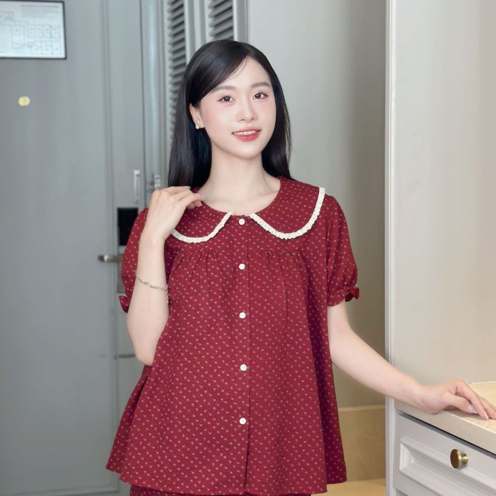 Bộ đồ bầu hoa đỏ, cúc mở tiện lợi cho con bú - thiết kế tiện lợi, màu đỏ đô tôn da, chất mát mẻ mặc hè - B798 B2MUM