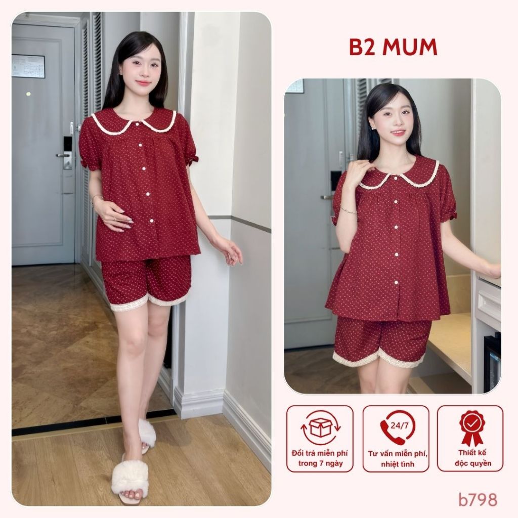 Bộ đồ bầu hoa đỏ, cúc mở tiện lợi cho con bú - thiết kế tiện lợi, màu đỏ đô tôn da, chất mát mẻ mặc hè - B798 B2MUM