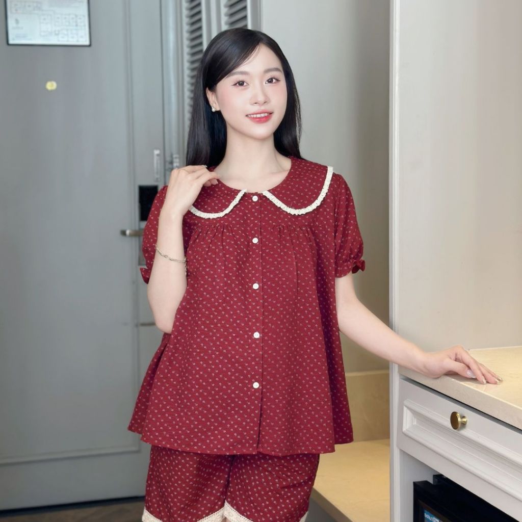 Bộ đồ bầu hoa đỏ, cúc mở tiện lợi cho con bú - thiết kế tiện lợi, màu đỏ đô tôn da, chất mát mẻ mặc hè - B798 B2MUM