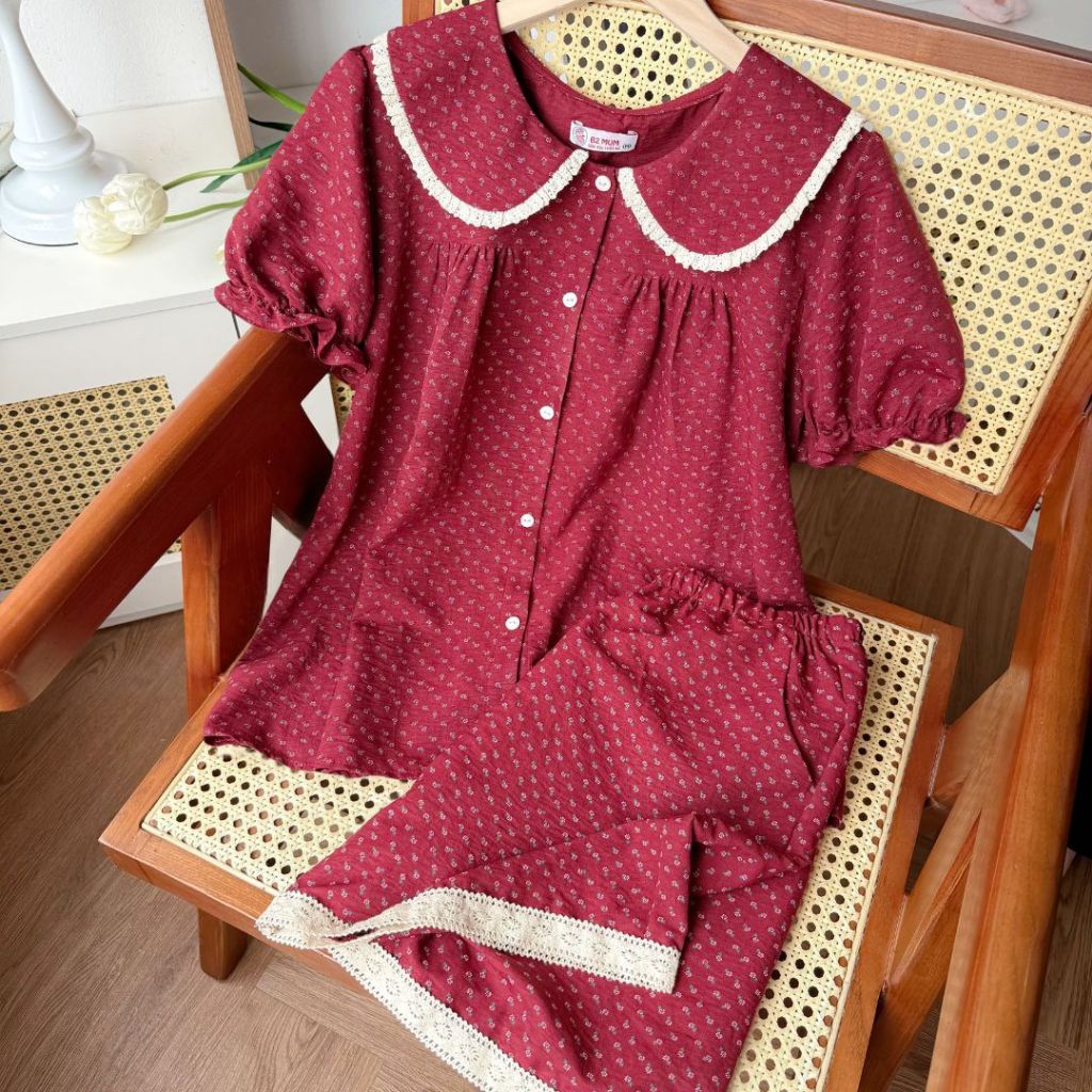Bộ đồ bầu hoa đỏ, cúc mở tiện lợi cho con bú - thiết kế tiện lợi, màu đỏ đô tôn da, chất mát mẻ mặc hè - B798 B2MUM