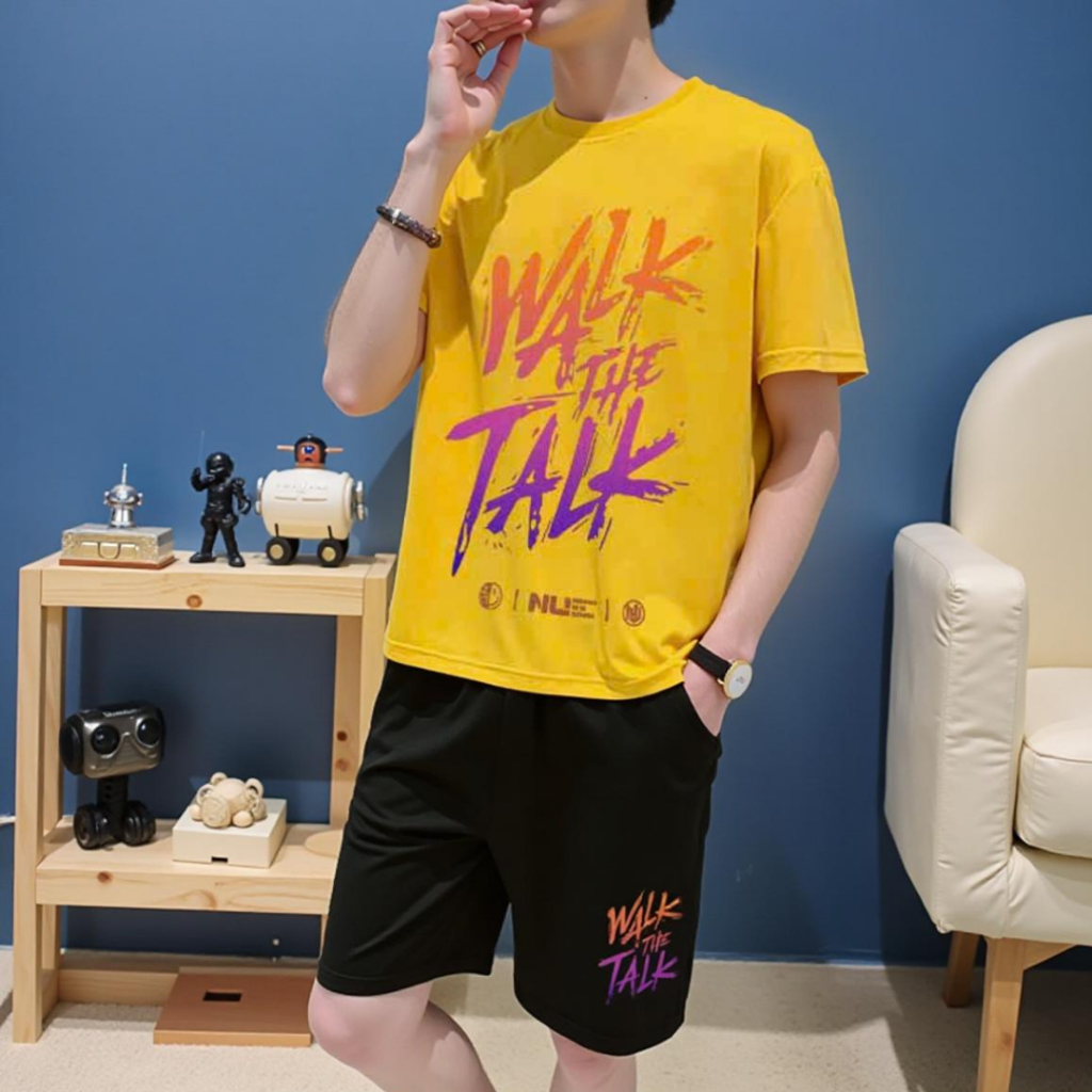 Bộ Quần Áo Thể Thao Nam Mùa Hè Cổ Tròn Ngắn Tay In Chữ WALK THE TALK Mặc Cặp Nhóm Gia SSL