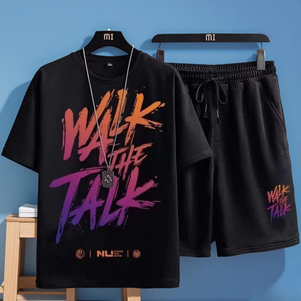 Bộ Quần Áo Thể Thao Nam Mùa Hè Cổ Tròn Ngắn Tay In Chữ WALK THE TALK Mặc Cặp Nhóm Gia SSL