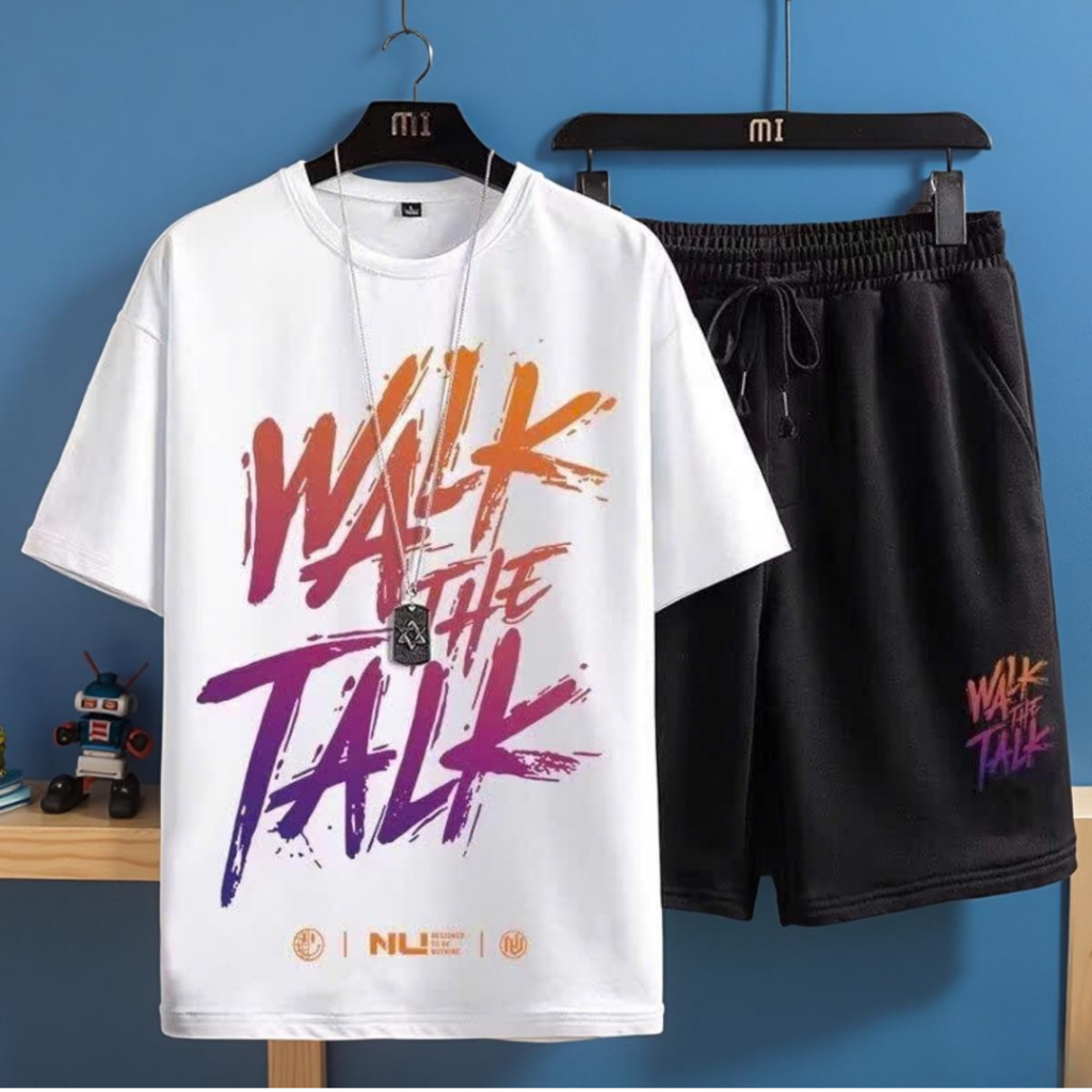 Bộ Quần Áo Thể Thao Nam Mùa Hè Cổ Tròn Ngắn Tay In Chữ WALK THE TALK Mặc Cặp Nhóm Gia SSL