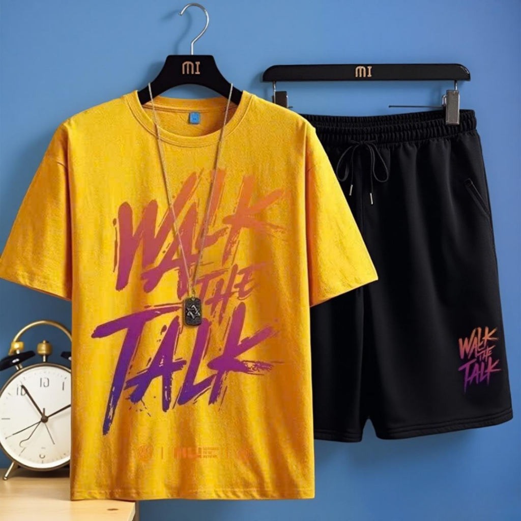Bộ Quần Áo Thể Thao Nam Mùa Hè Cổ Tròn Ngắn Tay In Chữ WALK THE TALK Mặc Cặp Nhóm Gia SSL