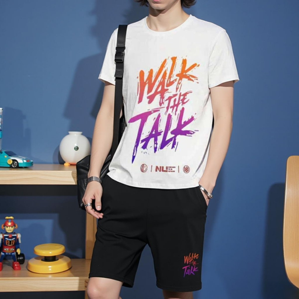 Bộ Quần Áo Thể Thao Nam Mùa Hè Cổ Tròn Ngắn Tay In Chữ WALK THE TALK Mặc Cặp Nhóm Gia SSL