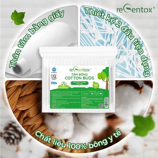 Tăm Bông Thân Giấy Kháng Khuẩn RegentoxTúi 100 Que Bông Cotton Tự Nhiên Siêu Mềm Mịn (1 Đầu Xoắn 1 Đầu Tròn)
