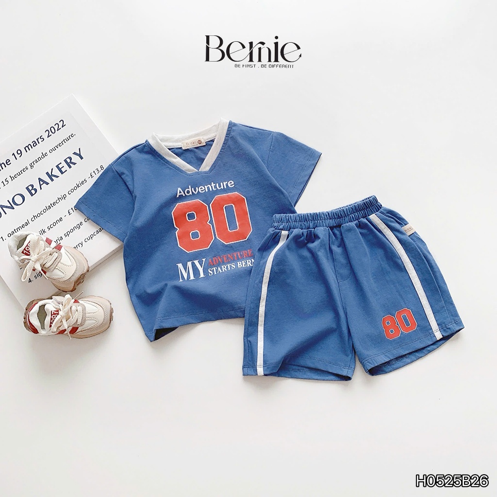 Bộ cotton thể thao bé trai in số 80, bộ thun cổ V sành điệu, cá tính cho bé H0525B26