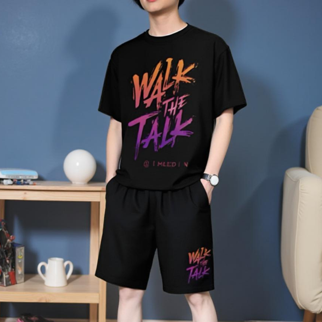 Bộ Quần Áo Thể Thao Nam Mùa Hè Cổ Tròn Ngắn Tay In Chữ WALK THE TALK Mặc Cặp Nhóm Gia SSL