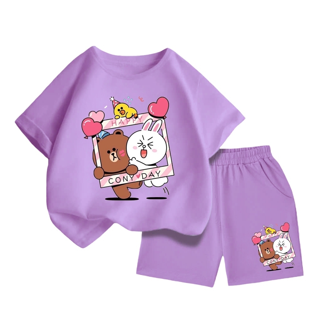 Bộ đồ cộc tay cho bé – In Gấu Nâu & Thỏ Trắng ConyDay trong khung ảnh, cotton mềm mát (M 204)