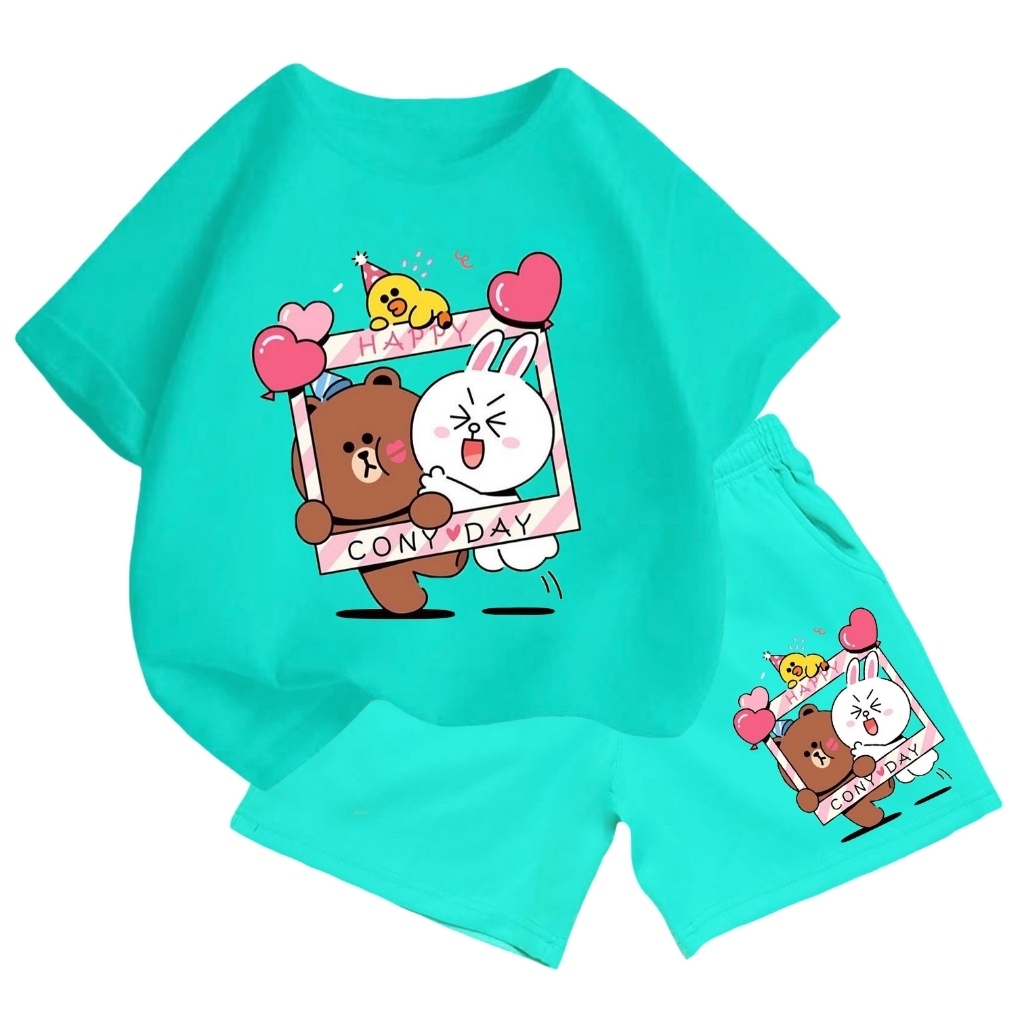 Bộ đồ cộc tay cho bé – In Gấu Nâu & Thỏ Trắng ConyDay trong khung ảnh, cotton mềm mát (M 204)