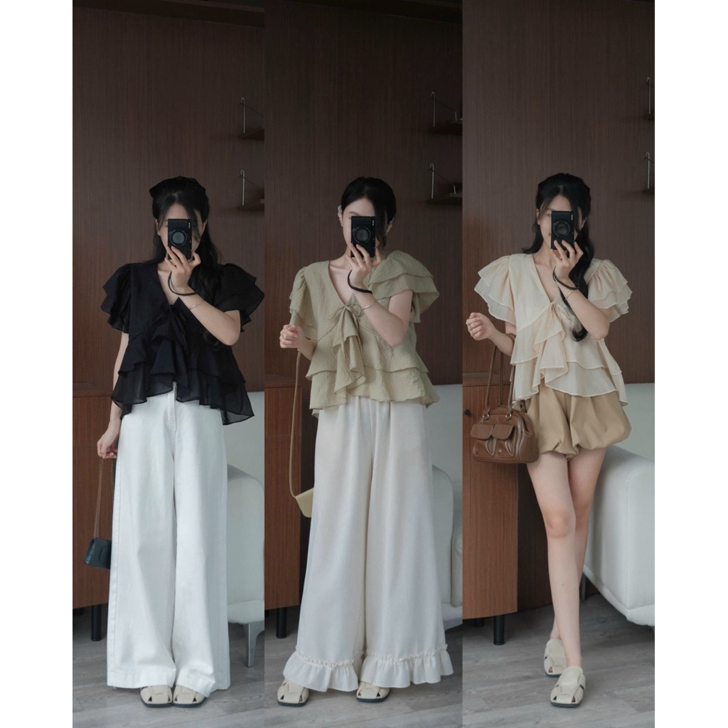 (Hàng chuẩn l1) Áo voan tơ cổ V tay hến xếp tầng Nữ the.sweaterweather TSW