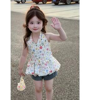 S366- Set áo yếm hoa phối quần jean cho bé gái size từ 8-32Kg