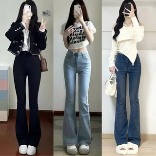 Quần bò jean nữ ống loe đứng rộng suôn MIAA co giãn jeans cạp cao cao cấp Hottrend, Quần Bò Ống Loe Nữ Lưng Cao Ôm Eo