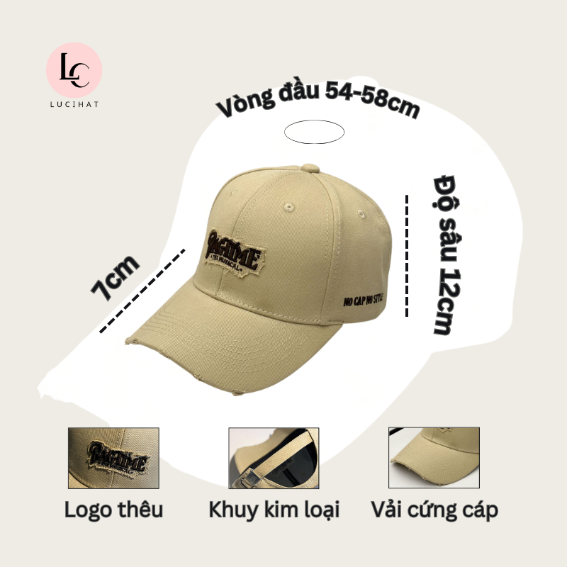 Mũ lưỡi trai LUCIHAT thêu chữ PRAGTIME phối rách form cứng, nón thời trang nam nữ vải kaki cao cấp