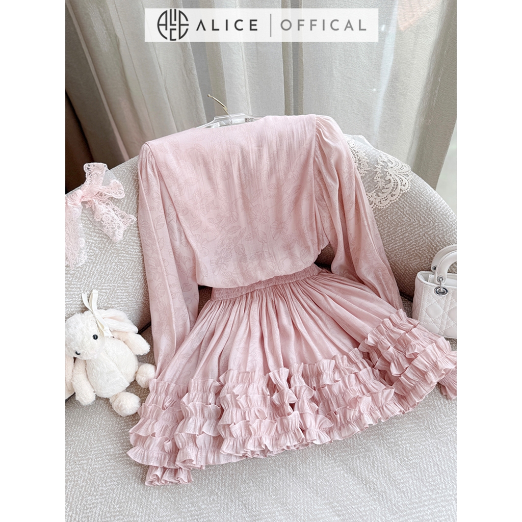 Váy Tơ Hoa Crep Cao Cấp Alice, Đầm Ngắn Xếp Ly Tầng Cạp Chung Tôn Eo, Tay Dài Bồng Nữ Tính Cổ Phối Dây Buộc V1371