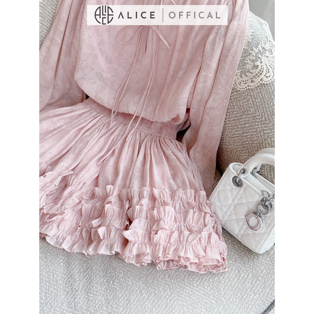 Váy Tơ Hoa Crep Cao Cấp Alice, Đầm Ngắn Xếp Ly Tầng Cạp Chung Tôn Eo, Tay Dài Bồng Nữ Tính Cổ Phối Dây Buộc V1371