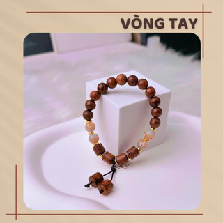 Vòng Tay Gỗ Vân Nâu Tự Nhiên Mix Đá Hoa Văn – Charm Vuông Cổ Điển, Thiết Kế Dây Rút Handmade