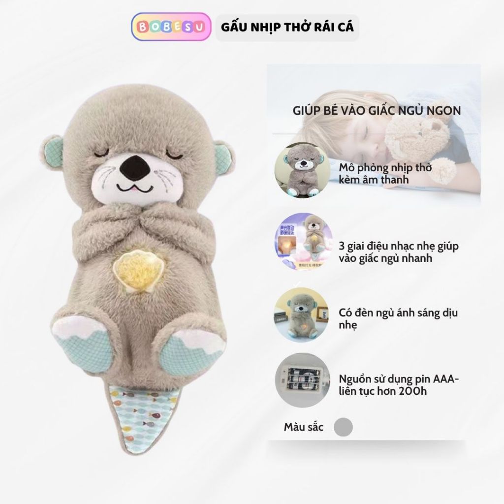 Gấu Bông Ru Ngủ Nhịp Thở Hình Rái Cá Có Đèn, Nhạc Ru Ngủ,Động Tác Hít Thở Tạo Cảm Giác Cho Bé Ngủ Nhanh Và Ngủ Ngon