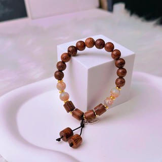 Vòng Tay Gỗ Vân Nâu Tự Nhiên Mix Đá Hoa Văn – Charm Vuông Cổ Điển, Thiết Kế Dây Rút Handmade