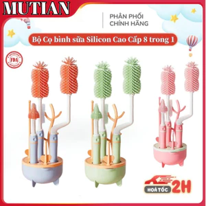 Bộ Cọ bình sữa Silicon Cao Cấp 8 trong Bàn chải có thể xoay 360 độ Bàn chải núm vú giả Giá đỡ chai