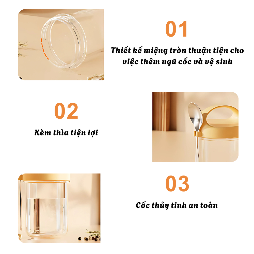 Cốc Đựng Ngũ Cốc Chất Liệu Thuỷ Tinh Trong Suốt Tặng Kèm Thìa, Hũ Đựng Yến Mạch, Bình Đựng Sữa Chua 430ml Có Nắp Đậy Kín