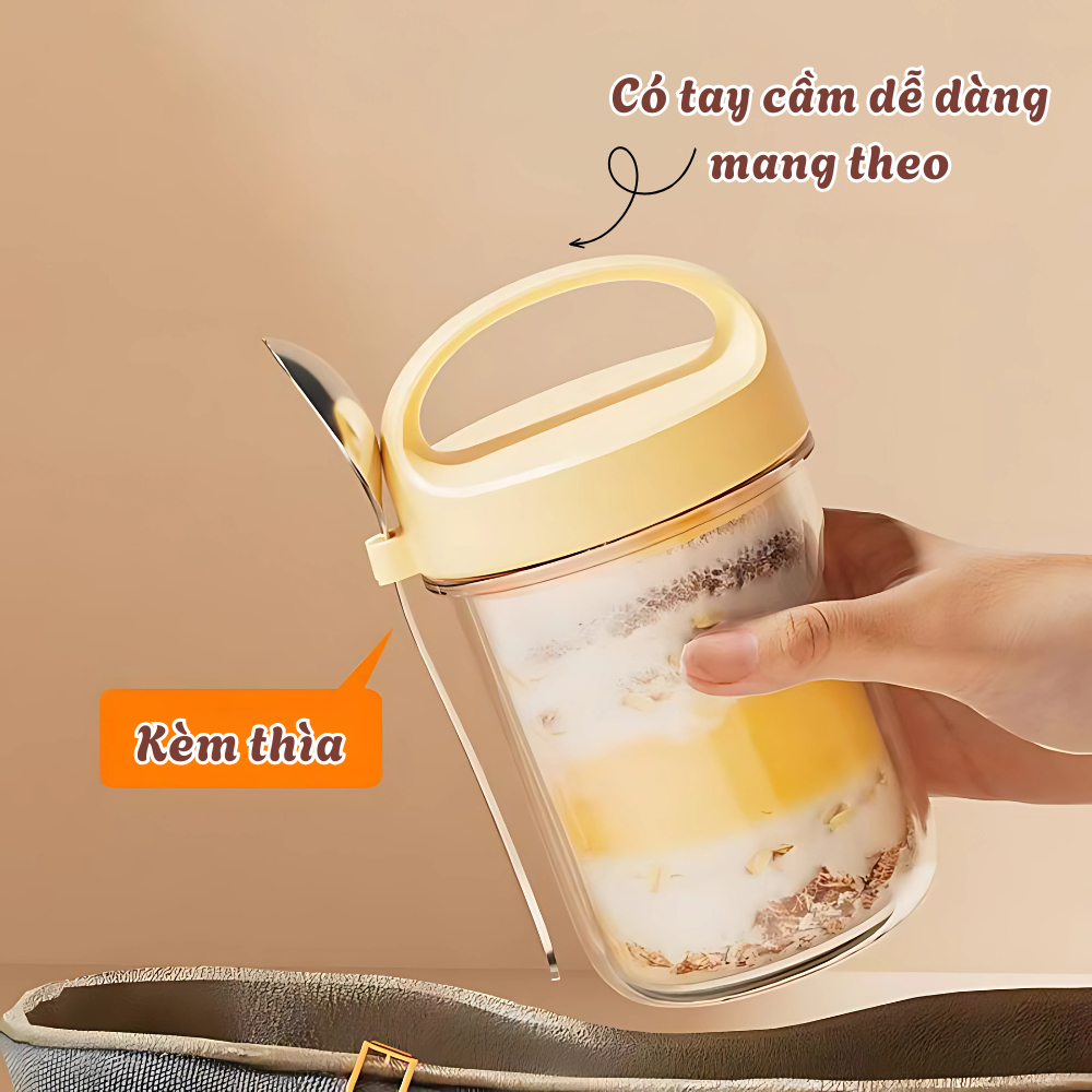 Cốc Đựng Ngũ Cốc Chất Liệu Thuỷ Tinh Trong Suốt Tặng Kèm Thìa, Hũ Đựng Yến Mạch, Bình Đựng Sữa Chua 430ml Có Nắp Đậy Kín