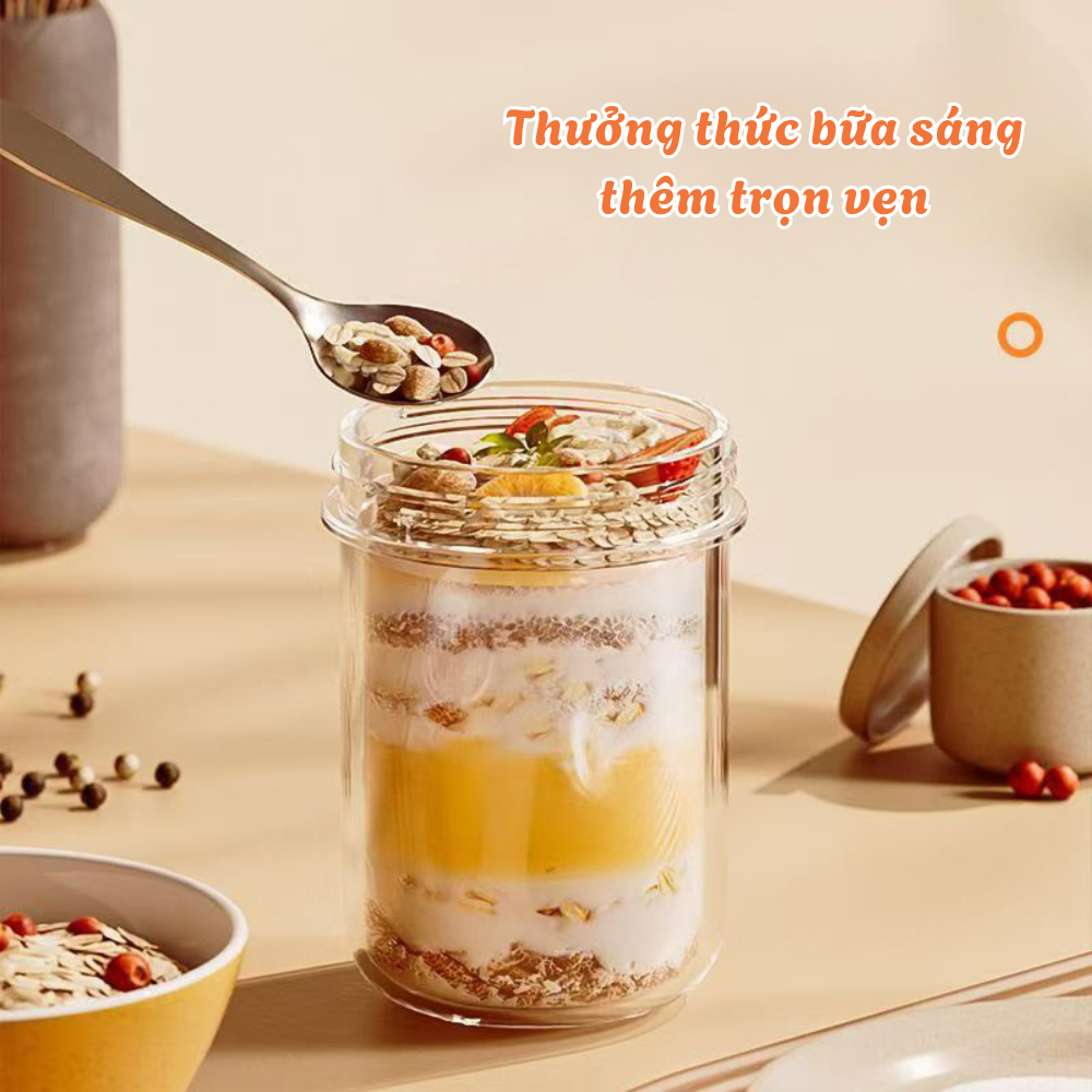 Cốc Đựng Ngũ Cốc Chất Liệu Thuỷ Tinh Trong Suốt Tặng Kèm Thìa, Hũ Đựng Yến Mạch, Bình Đựng Sữa Chua 430ml Có Nắp Đậy Kín