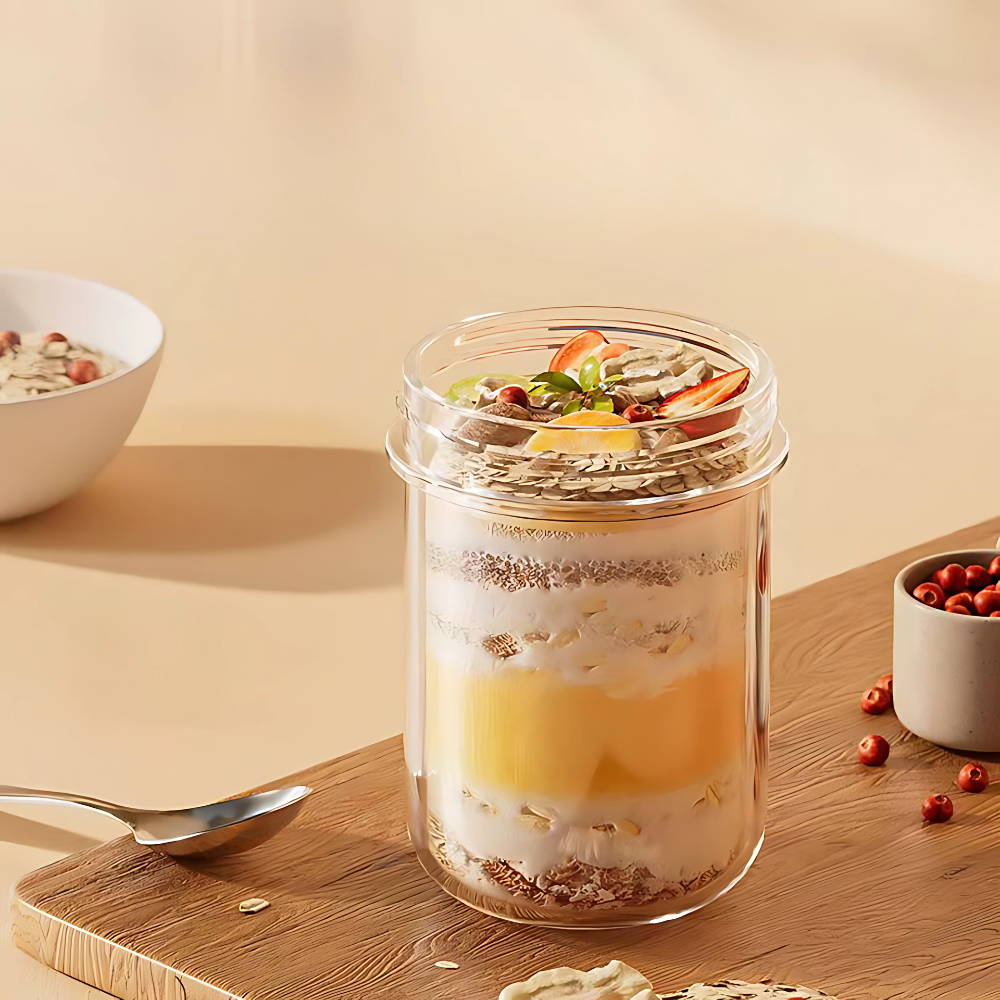 Cốc Đựng Ngũ Cốc Chất Liệu Thuỷ Tinh Trong Suốt Tặng Kèm Thìa, Hũ Đựng Yến Mạch, Bình Đựng Sữa Chua 430ml Có Nắp Đậy Kín