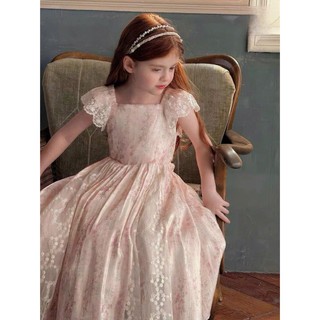 [B&G] Đầm váy hồng cổ vuông phối ren công chúa cho bé gái từ 2-12 tuổi(10-45kg)