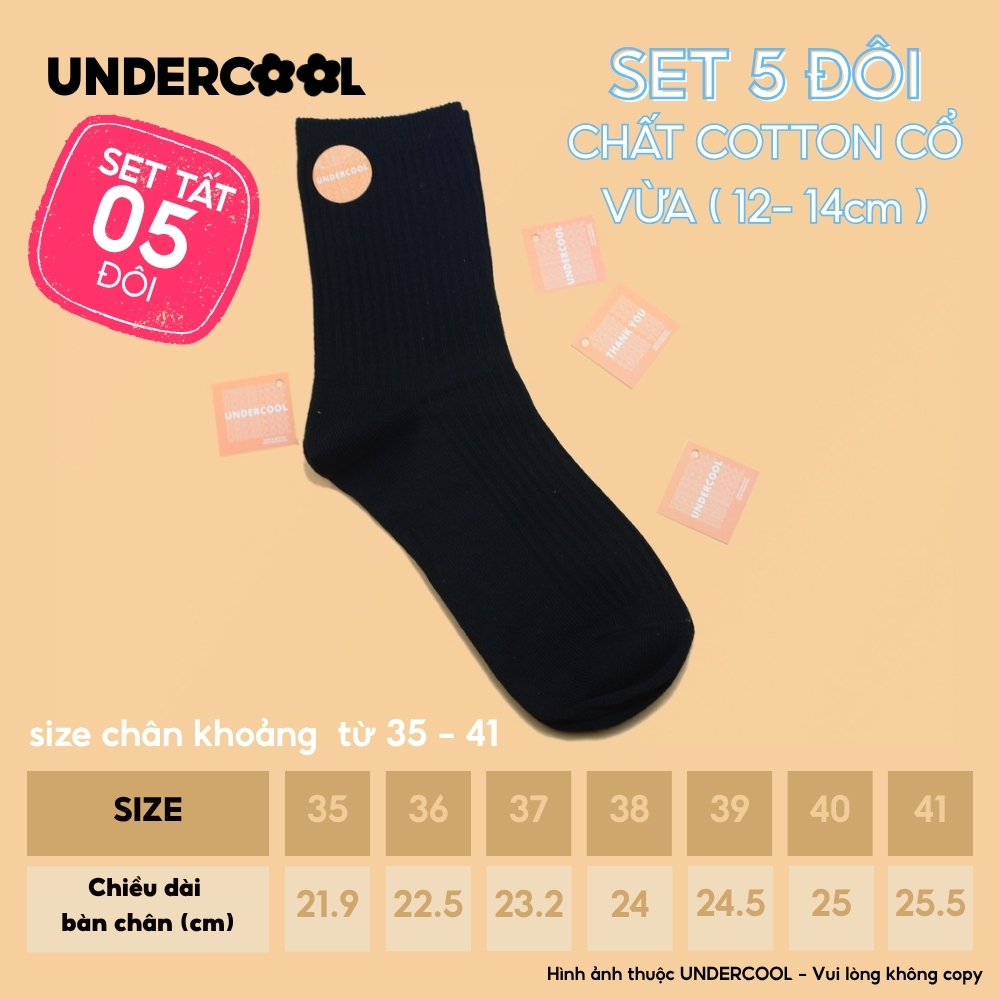 Set 5 Đôi Vớ Tất Cổ Cao Nữ UNDERCOOL Uniex Cotton Mềm Dày, Không Xù, Thấm Hút Mồ Hôi, Thoáng Khí - Combo 5 đôi CB-TC02
