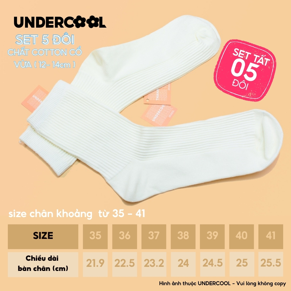 Set 5 Đôi Vớ Tất Cổ Cao Nữ UNDERCOOL Uniex Cotton Mềm Dày, Không Xù, Thấm Hút Mồ Hôi, Thoáng Khí - Combo 5 đôi CB-TC02