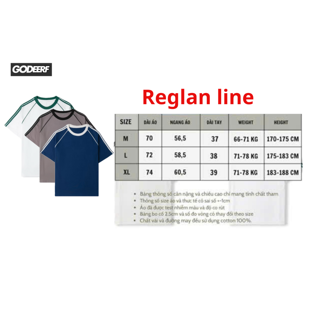 Áo thun trơn raglan line Unisex 100% cotton 250GSM GodeerF cổ tròn nam nữ form BASIC 2 SỌC_MHS001
