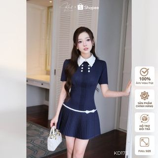 Đầm ngắn Khiết Style dáng xòe xếp ly xanh navy phối nút bọc vải trắng phong cách thanh lịch KD173