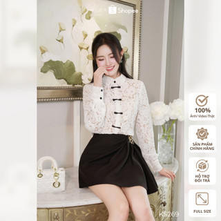 Set áo ren phối nơ đen và quần váy ngắn nhúng eo đính charm vàng Khiết Style sang chảnh KS269