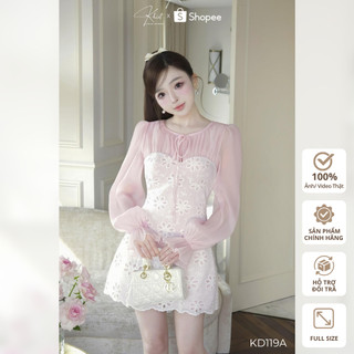 Đầm ren hoa Khiết Style phối tơ sóng nhúng màu hồng ngọt ngào trẻ trung KD119A