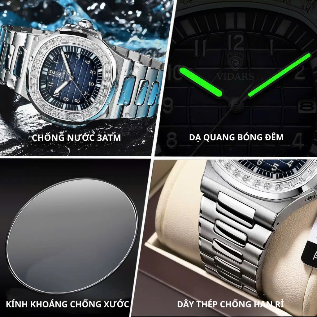 Đồng Hồ Nam VIDARS Tàu Ngầm Viền Đá Dây Thép Có Lịch Ngày Mặt Vuông Tròn Chống Nước 3ATM Size 40mm