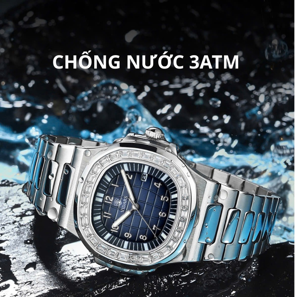 Đồng Hồ Nam VIDARS Tàu Ngầm Viền Đá Dây Thép Có Lịch Ngày Mặt Vuông Tròn Chống Nước 3ATM Size 40mm