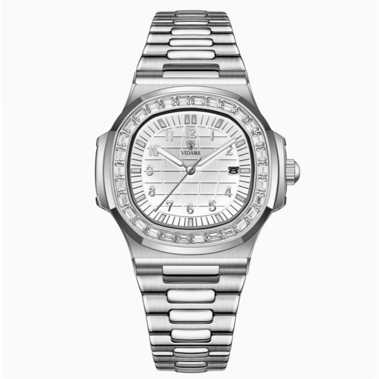Đồng Hồ Nam VIDARS Tàu Ngầm Viền Đá Dây Thép Có Lịch Ngày Mặt Vuông Tròn Chống Nước 3ATM Size 40mm