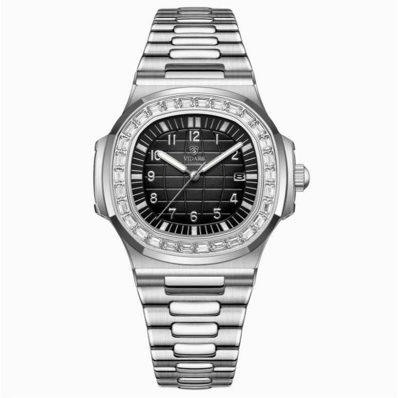 Đồng Hồ Nam VIDARS Tàu Ngầm Viền Đá Dây Thép Có Lịch Ngày Mặt Vuông Tròn Chống Nước 3ATM Size 40mm