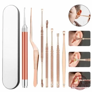 Bộ dụng cụ lấy ráy tai 9 món có đèn led siêu sáng cho bé thân nhôm chống gĩ, đầu ngoái tai silicon cực êm, tiện lợi