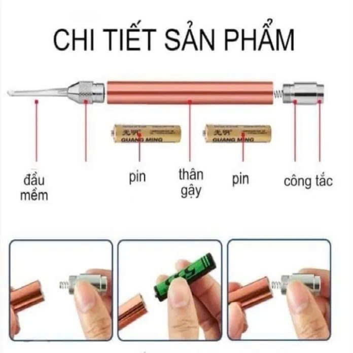 Bộ dụng cụ lấy ráy tai 9 món có đèn led siêu sáng cho bé thân nhôm chống gĩ, đầu ngoái tai silicon cực êm, tiện lợi