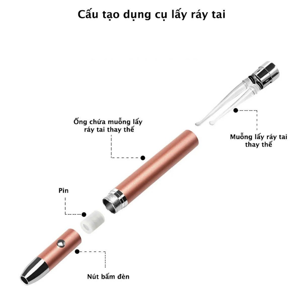Bộ dụng cụ lấy ráy tai 9 món có đèn led siêu sáng cho bé thân nhôm chống gĩ, đầu ngoái tai silicon cực êm, tiện lợi
