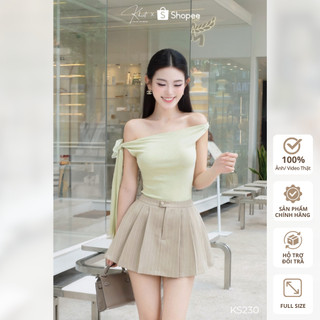 Set Khiết Style gồm áo thun lệch vai tone xanh cốm và chân váy xếp ly xòe năng động KS230